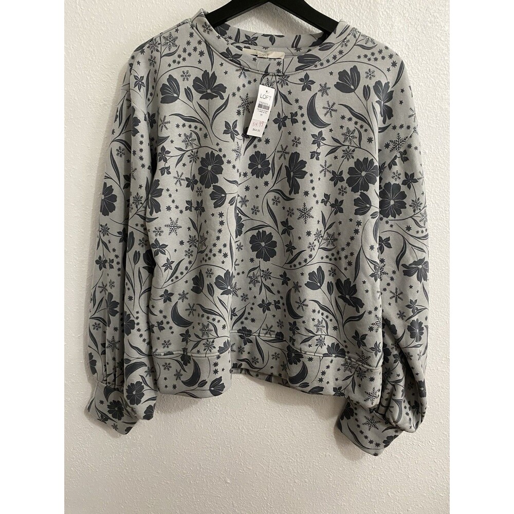 New Loft Blue Floral Sweatshirt M Puff Wrist Sleeve Detail M L36